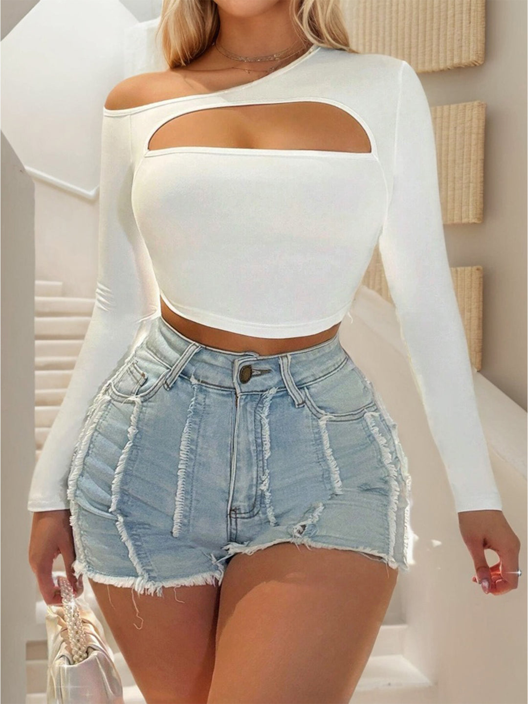 White Full Sleeve Cut-Out Detail Top