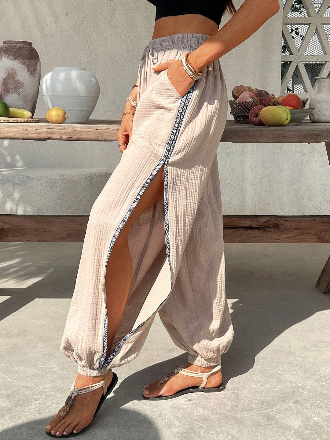 Beige High Waist Side Vent Trouser