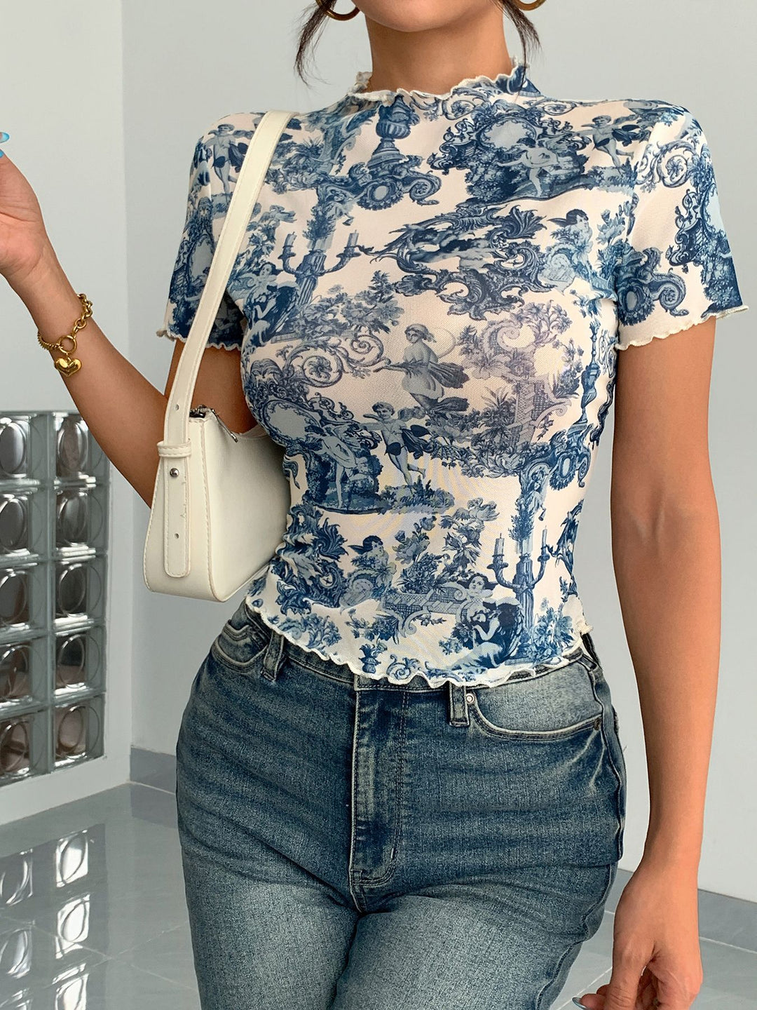 Blue Short Sleeve Printed Semi Sheer Top