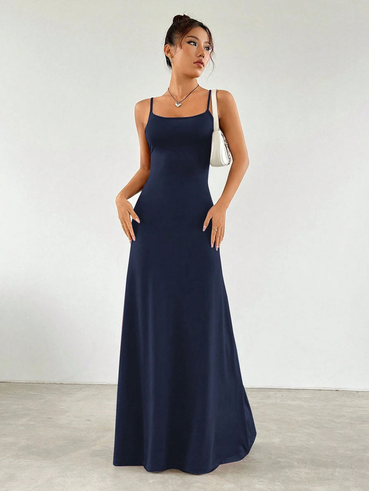 Navy Blue Shoulder Strap Flared Dress