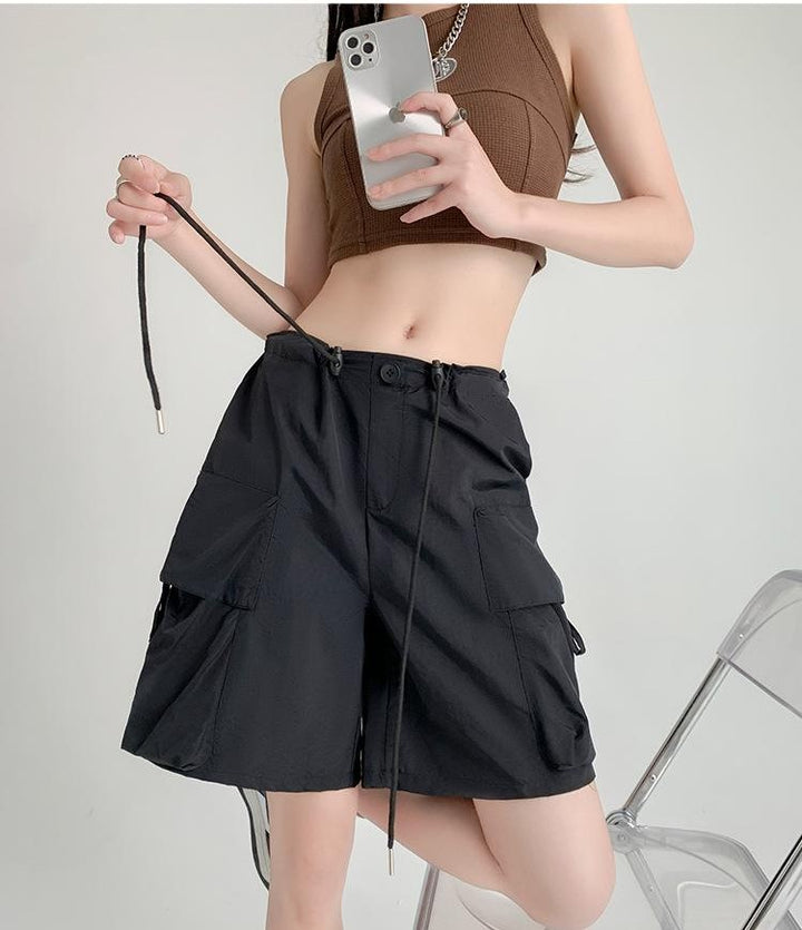 Black Relaxed Fit Drawstring Cargo Shorts