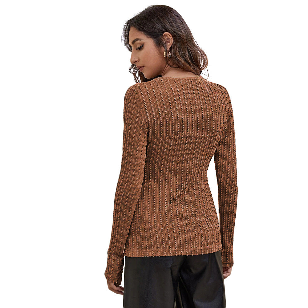 Brown Textured Knit Full Sleeve Top