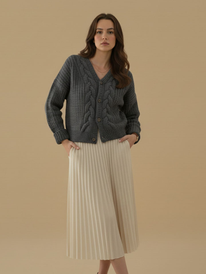 Grey Full Sleeve Front Buttoned Slouchy Cardigan