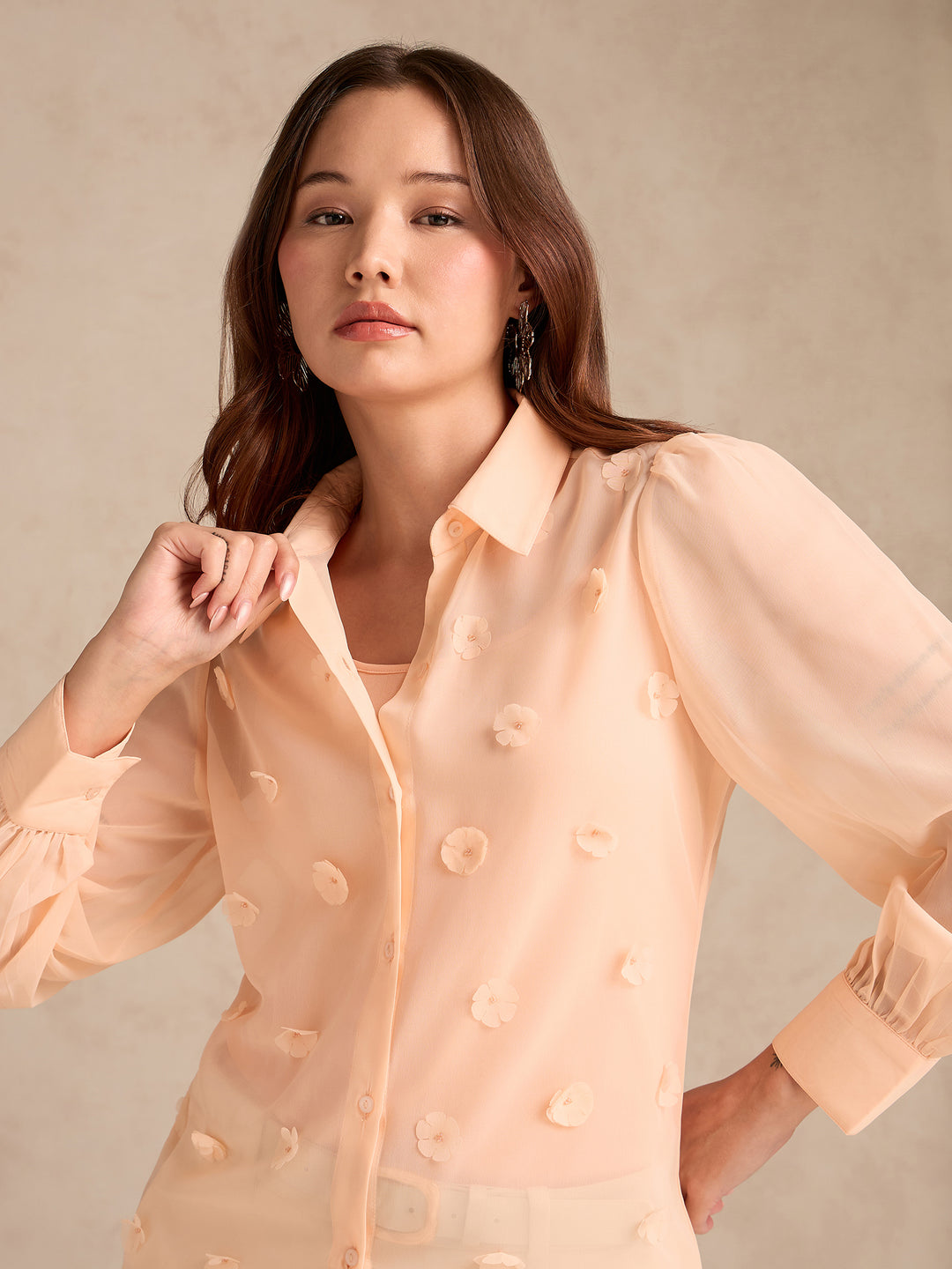Peach Flowy Georgette Shirt With Applique Flower Embellishment