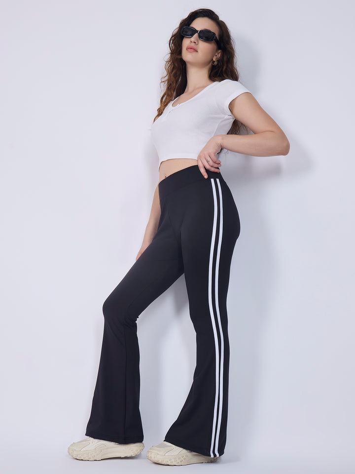Black Flared Contrast Striped Leggings