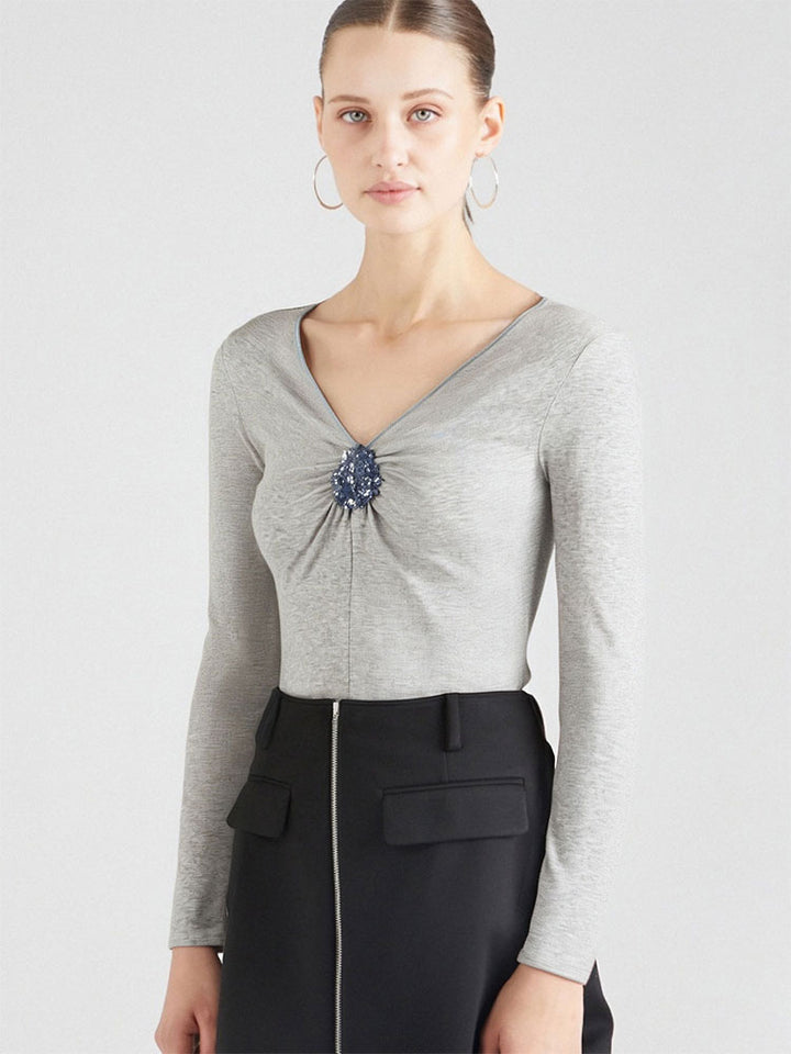 Grey Corsage V Neck Full Sleeves Fitted Top
