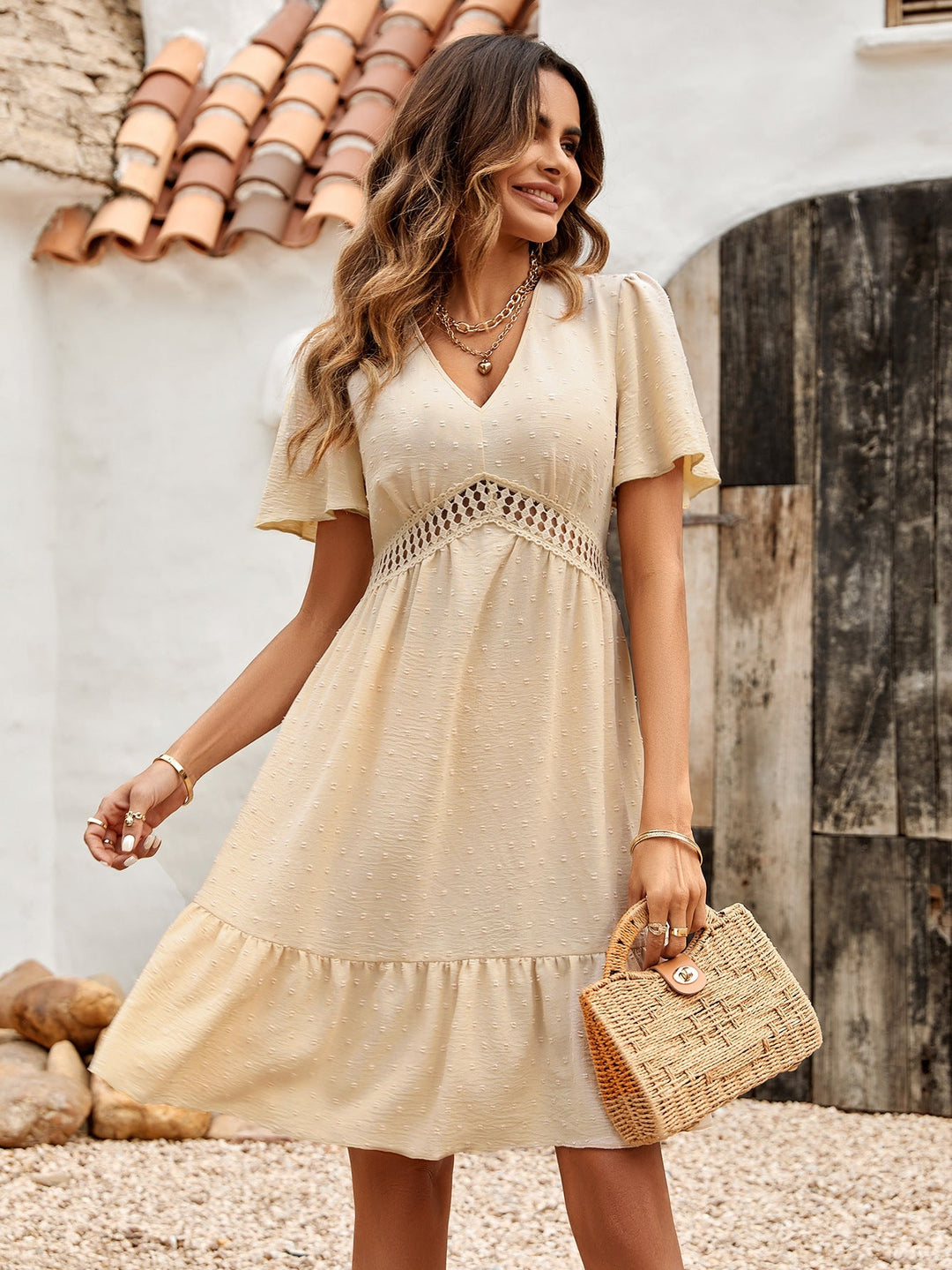 Beige Short Sleeve V Neck Ruffle Hem Dress