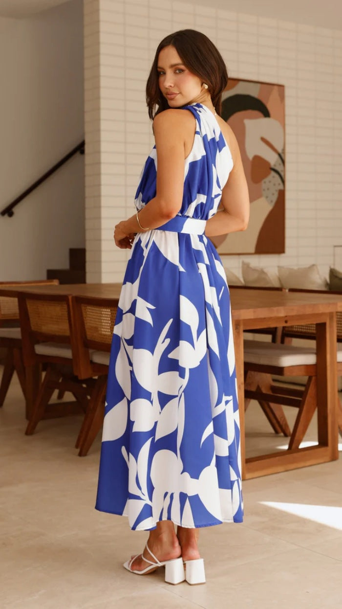 Blue Abstract Printed One Shoulder Dress