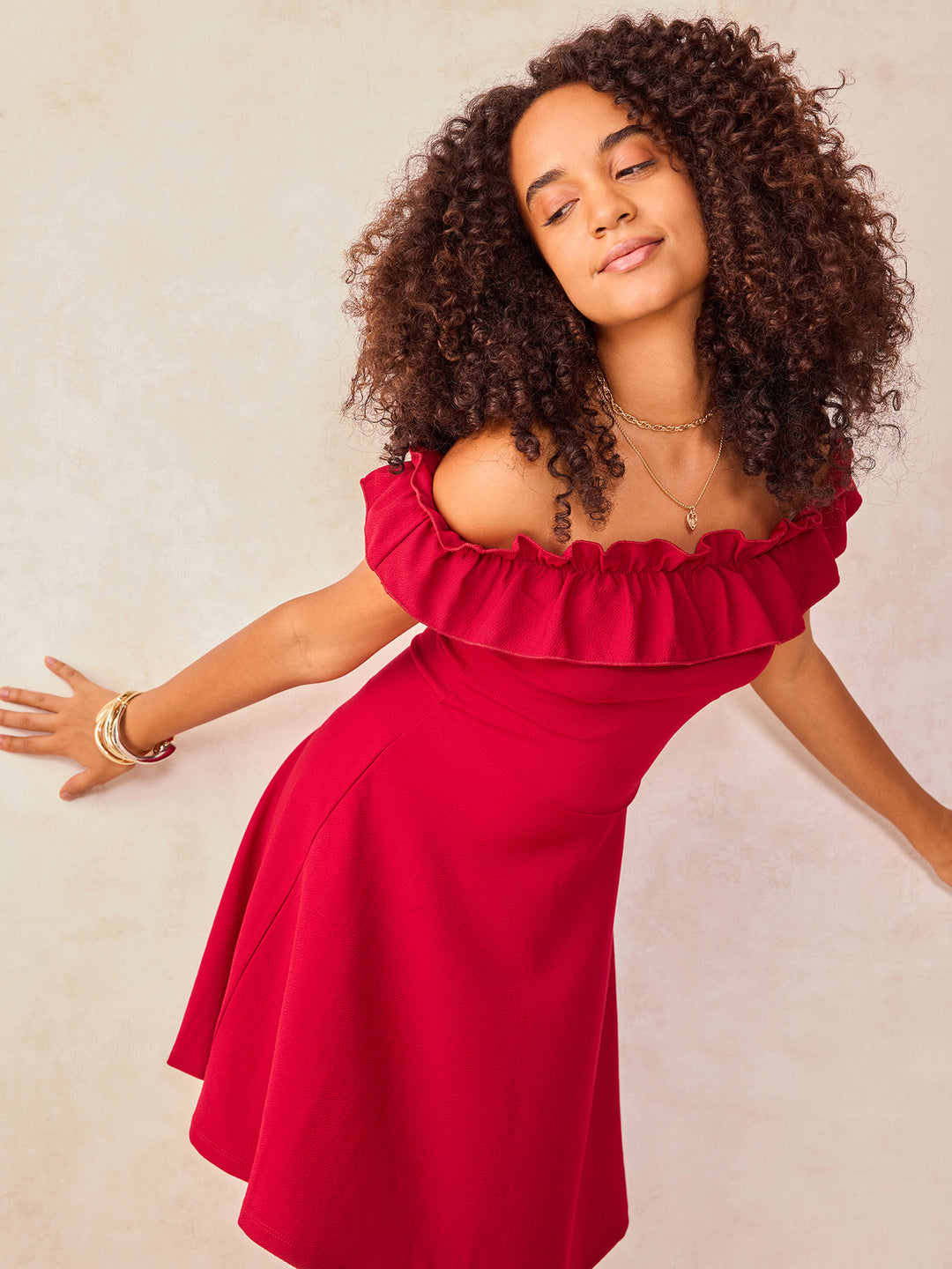 Wine Off-Shoulder Frilled Skater Dress