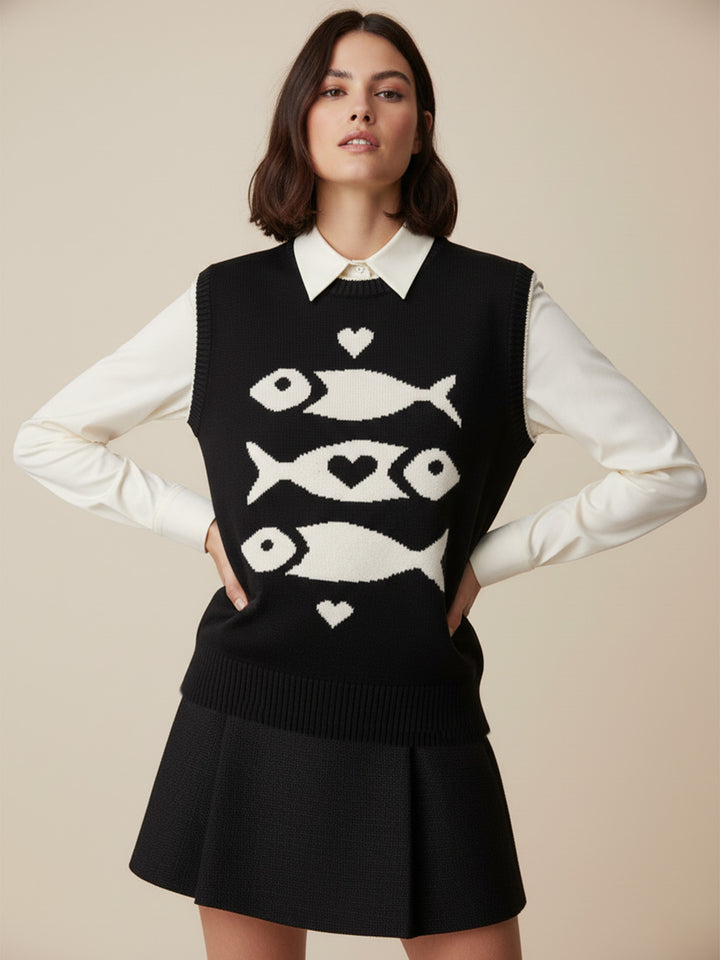 Black Sleeveless Contrast Rib Sweater