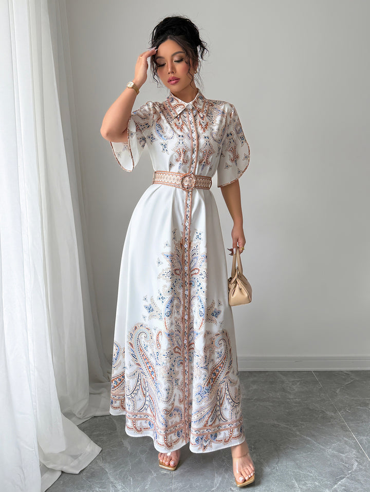 White Button Down Printed Shirt Dress