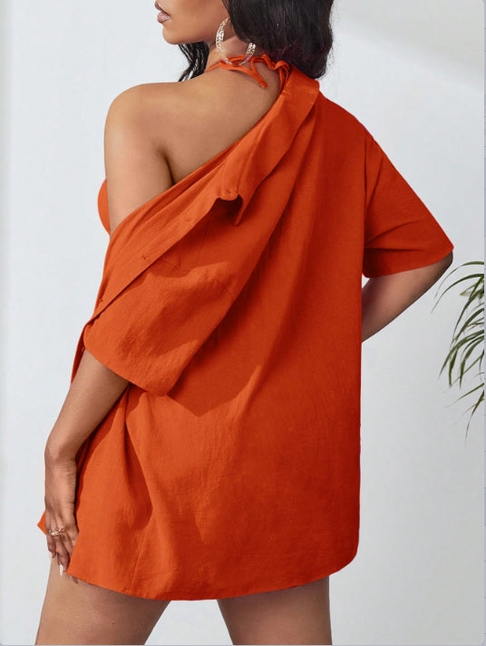 Orange Bralet Shirt And Shorts Co-Ord Set