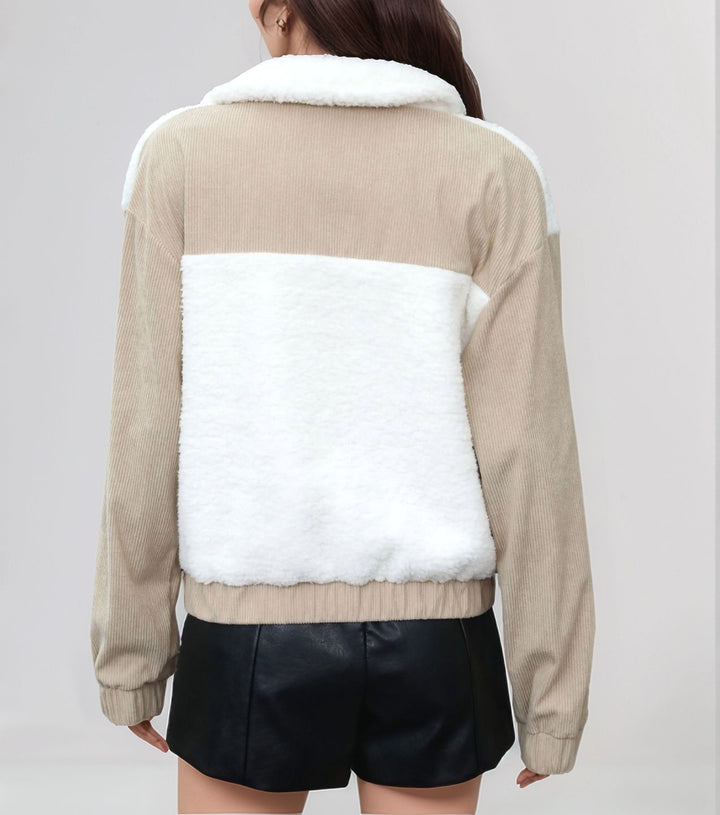 White Full Sleeve Contrast Panel Double Pocket Jacket