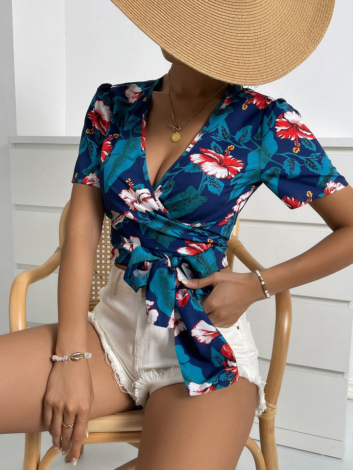 Blue Short Sleeve Wrap V Neck Top