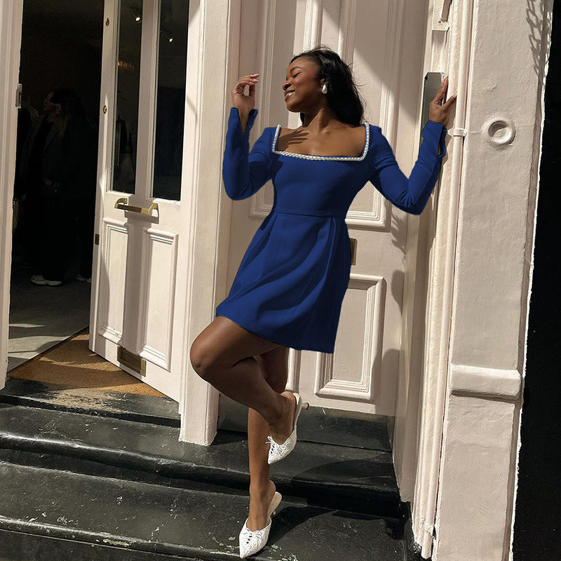 Blue  Square Neck With Pearl Details Skater Dress