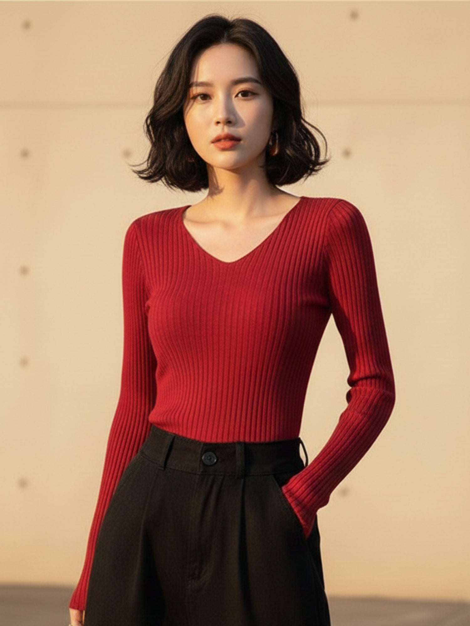 Red Full Sleeve V Neck Fitted Top