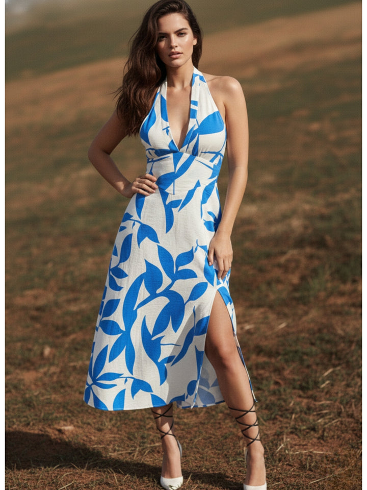 White Halter Neck Printed Flared Dress