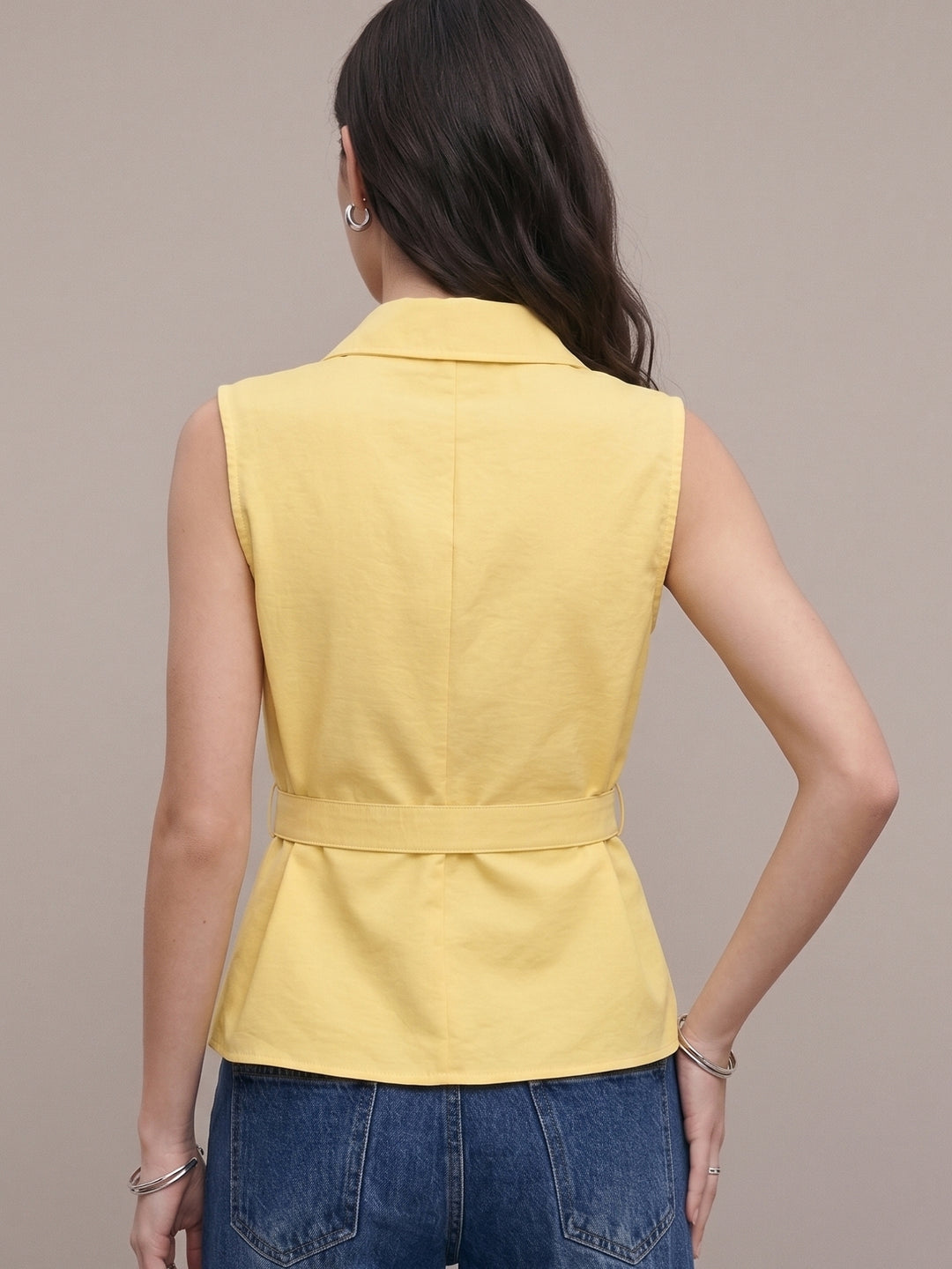 Yellow Sleeveless Waist Belted Top