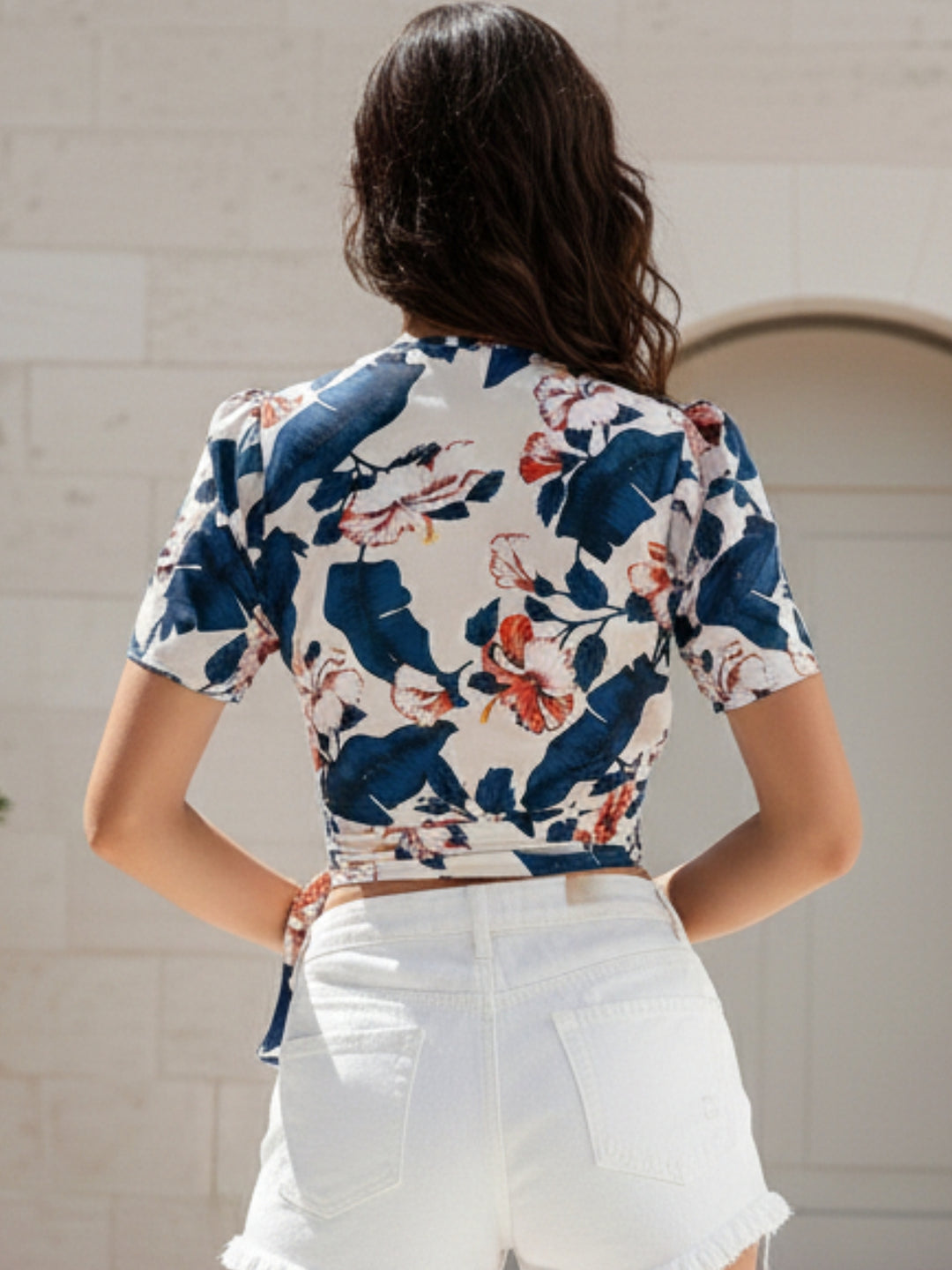 White Short Sleeve Wrap V Neck Top