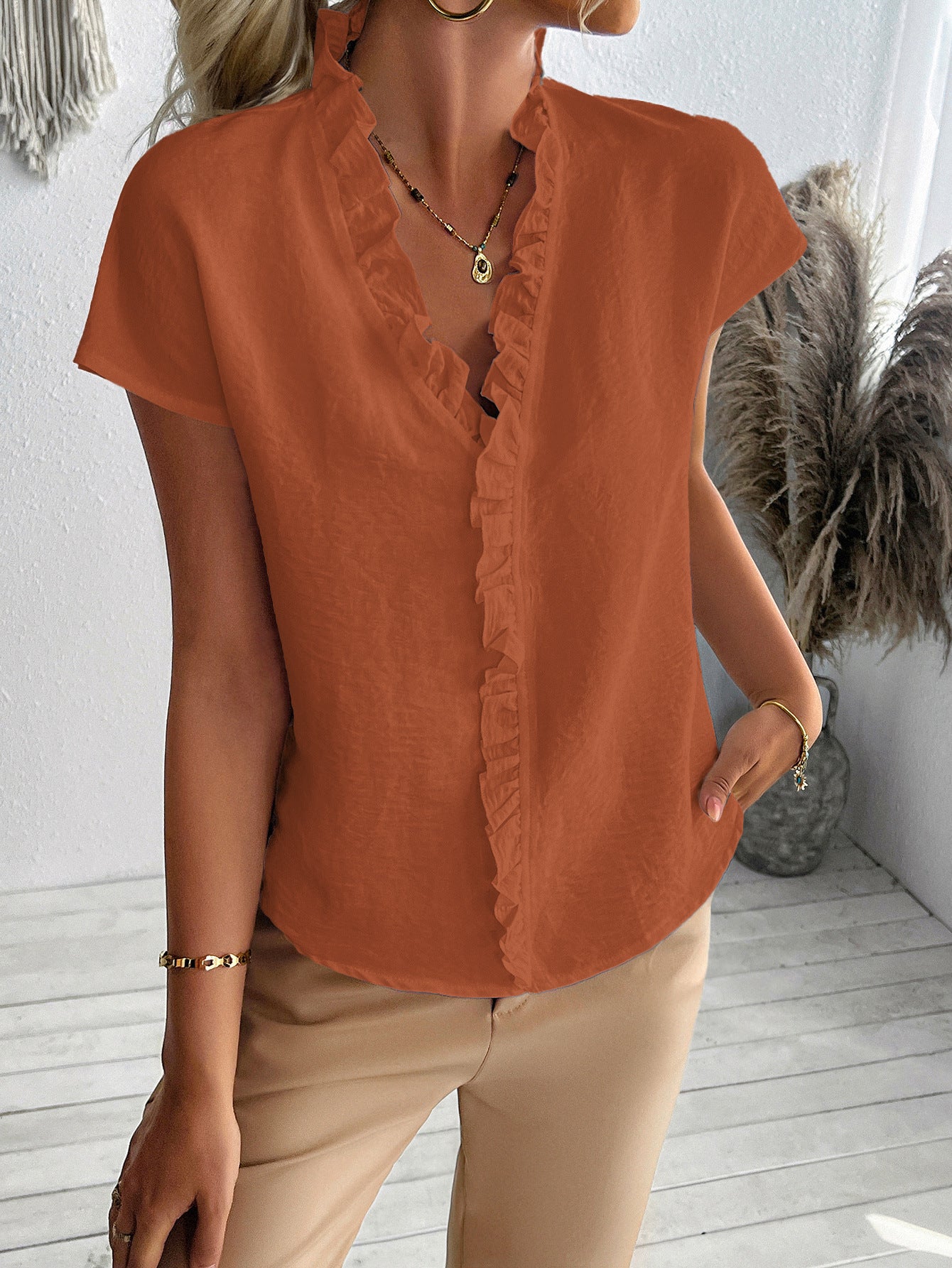 Red Half Sleeved Ruffle Detail Top