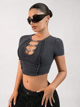 Grey Short Sleeve Metal Trim Top
