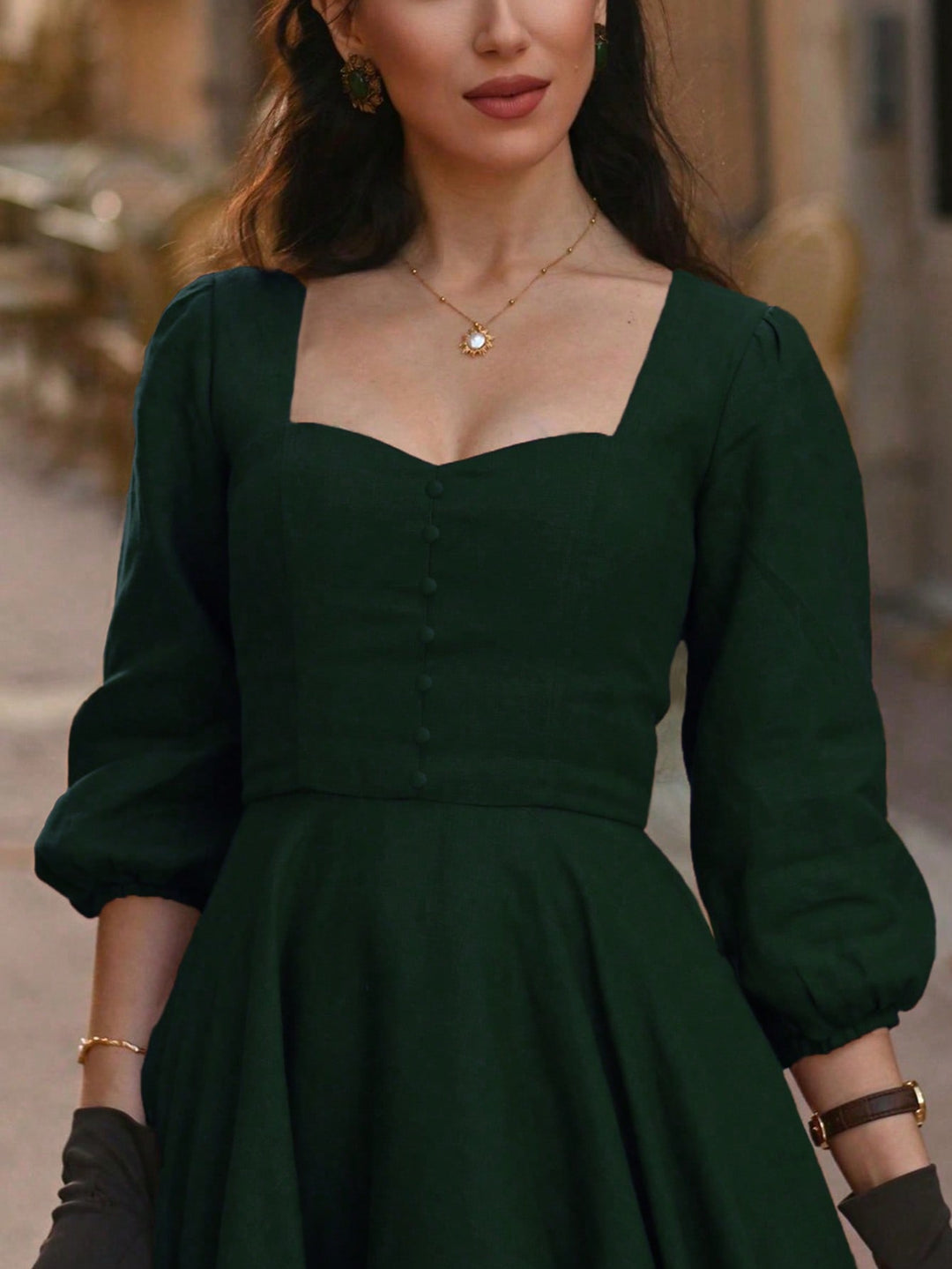 Green Bishop Sleeeve Sweetheart Neck Dress