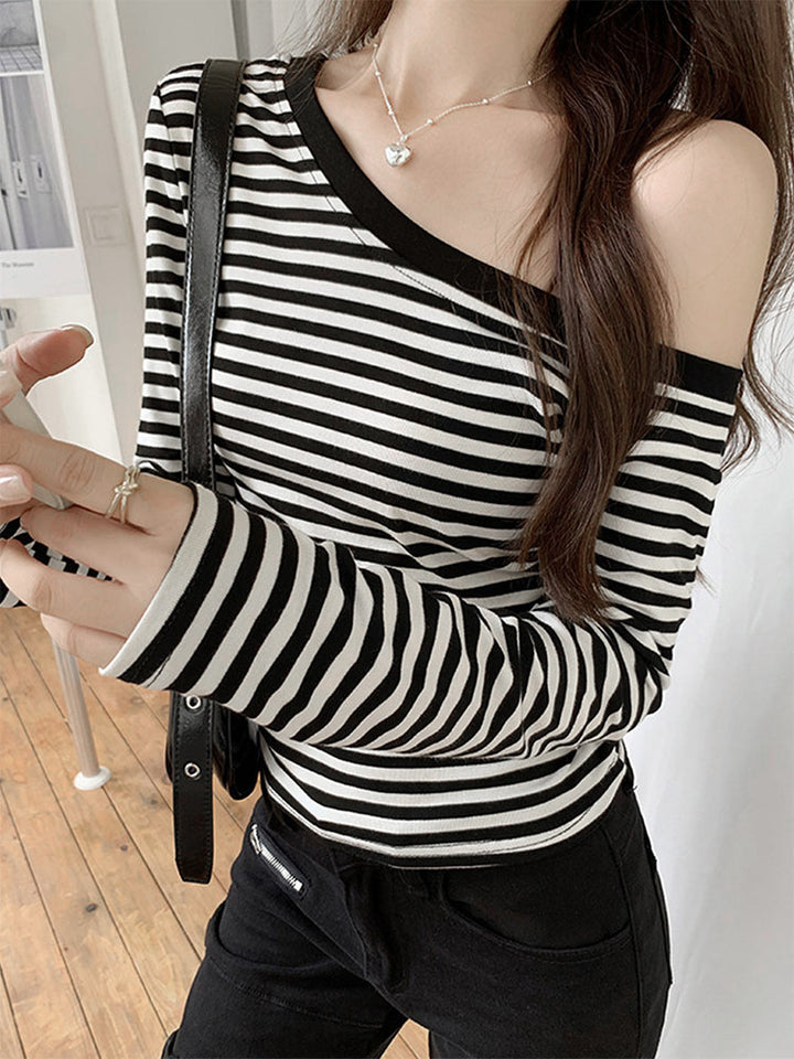 Black One Shoulder Stripe Full Sleeves Top