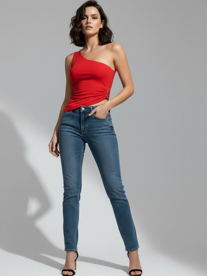 Red One Shoulder Asymmetric Buckle Top