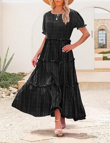 Black Scoop Round Neck Printed Tiered Dress