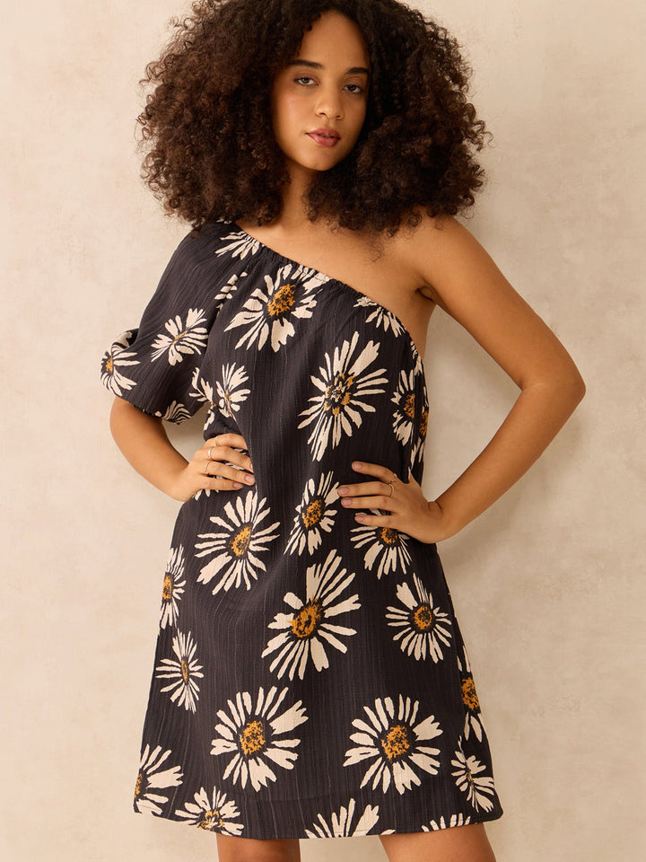 Black One Shoulder Foral Mini Dress