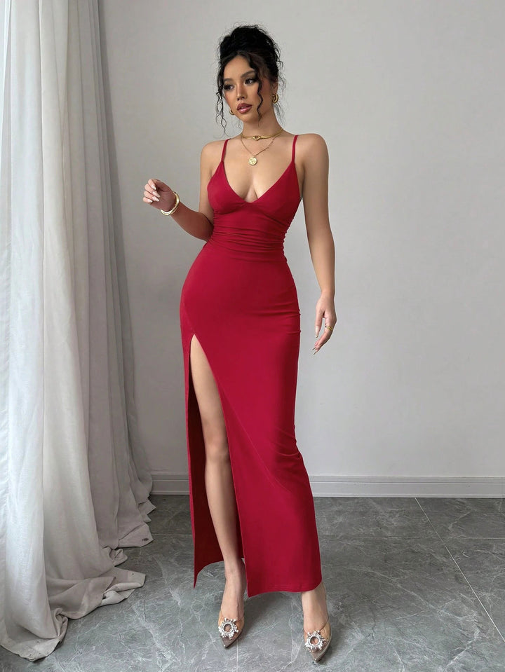 Red Shoulder Strap Slit Dress
