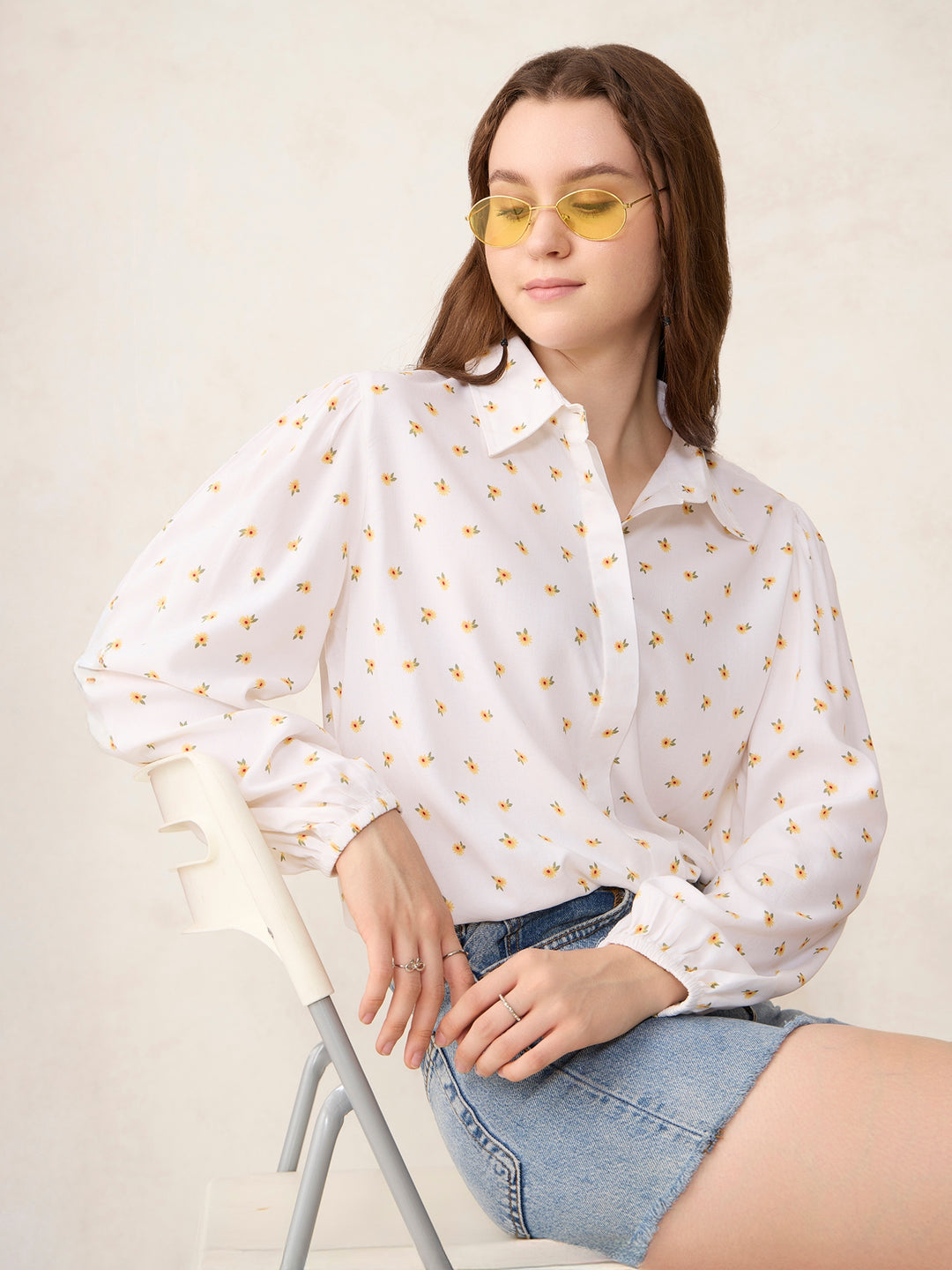 White Balloon Sleeve Printed Cropped Shirt