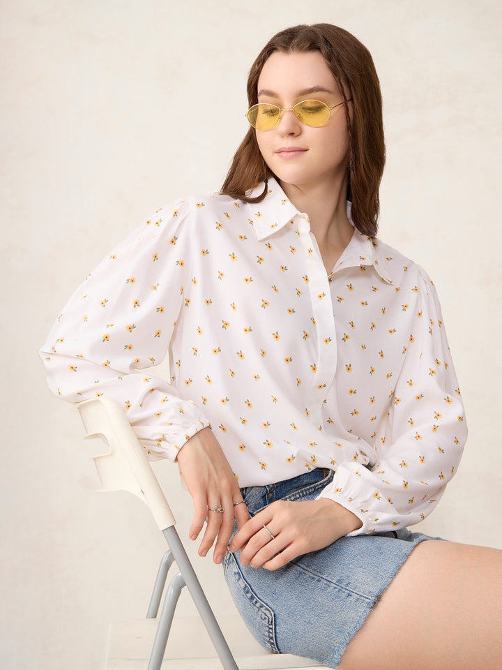White Balloon Sleeve Printed Cropped Shirt