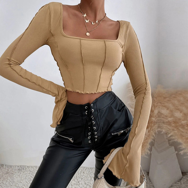Khaki Bell Sleeve Edgy Seam Top