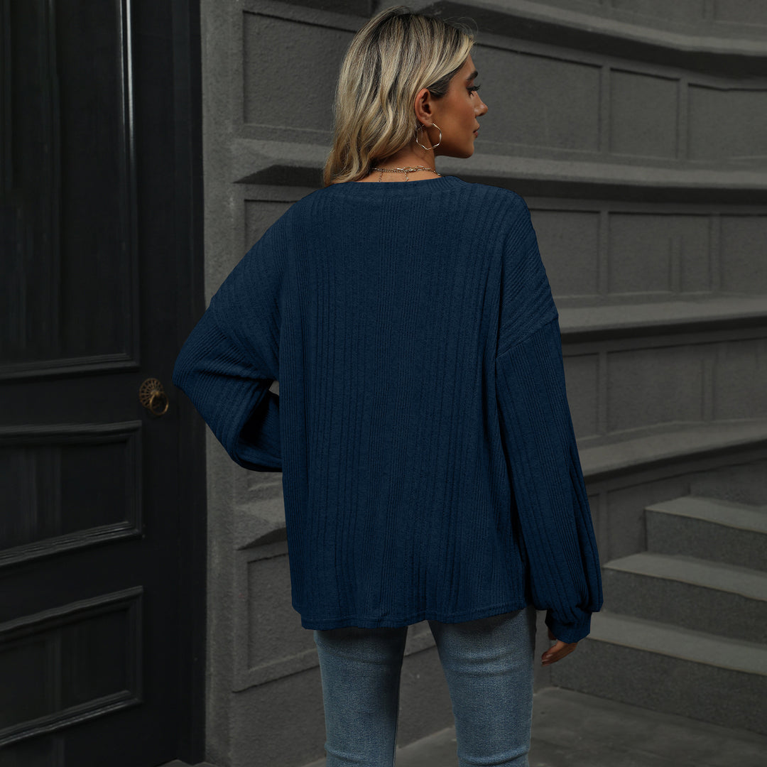 Navy Blue Bishop Sleeve Solid Relaxed Top