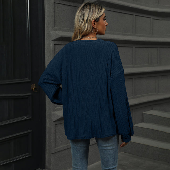 Navy Blue Bishop Sleeve Solid Relaxed Top