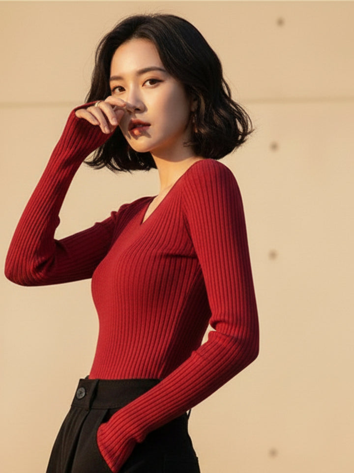 Red Full Sleeve V Neck Fitted Top