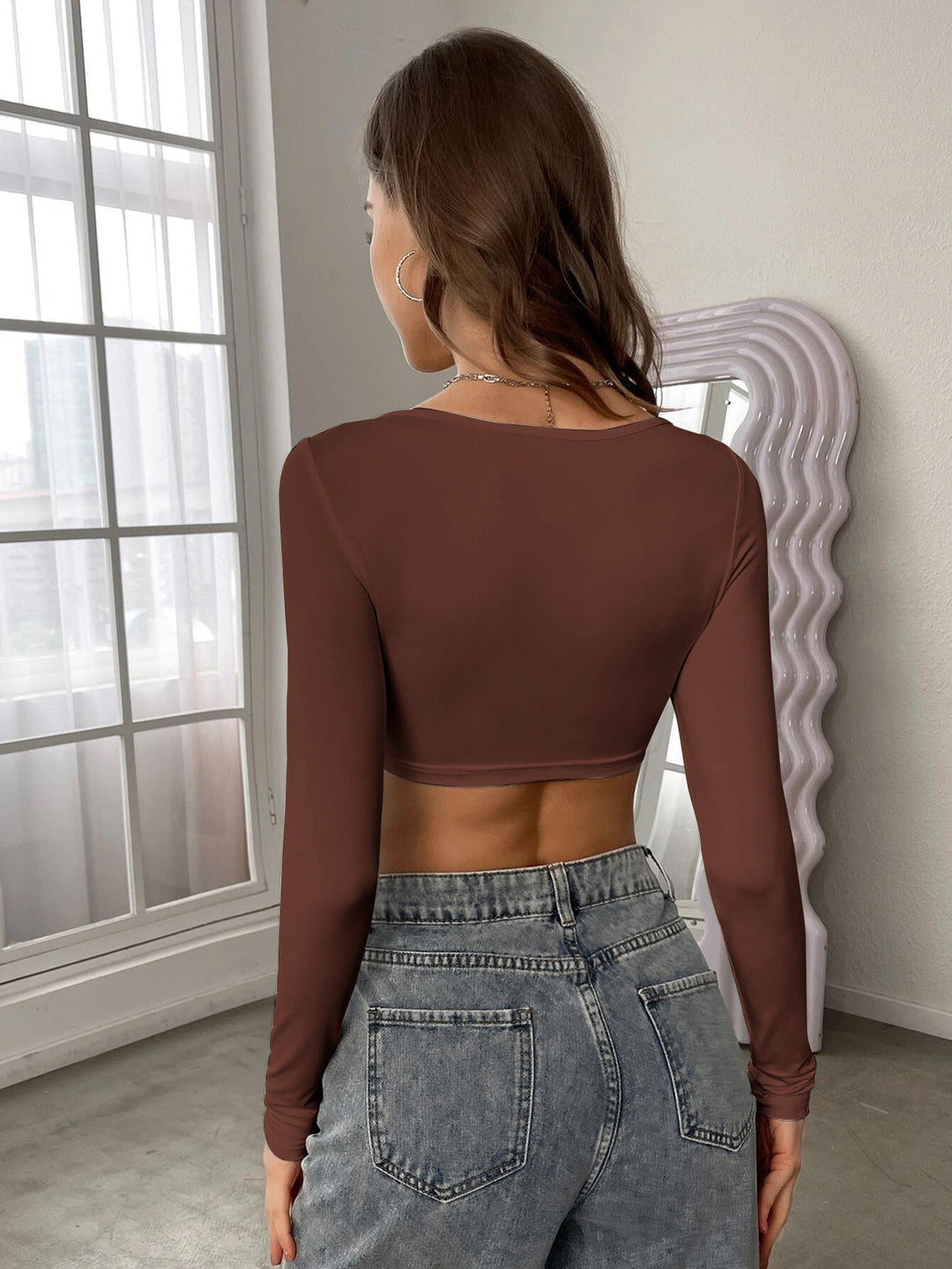 Brown Full Sleeve Round Scoop Neck Crop Top
