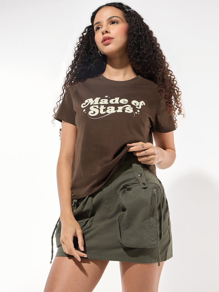 Brown Crew Neck Graphic Tshirt