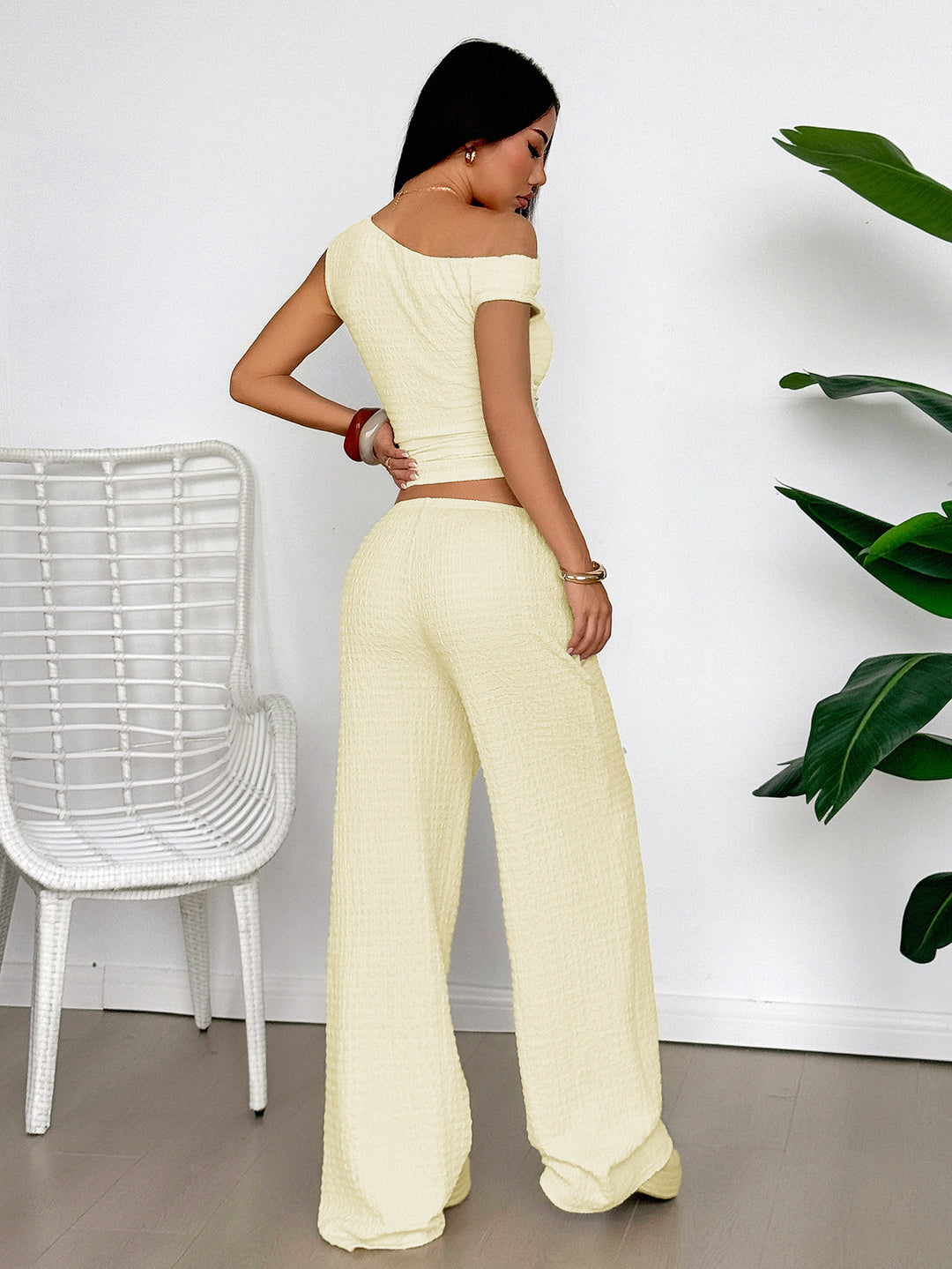 Yellow Textured Top And Pants Co-Ord Set