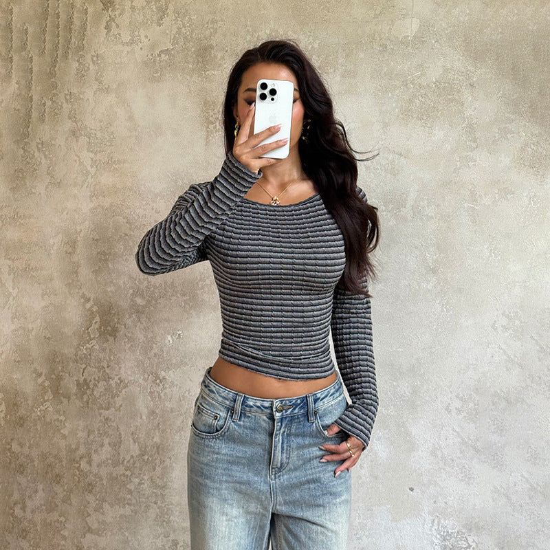 Grey Boat Neck Striped Textured Top