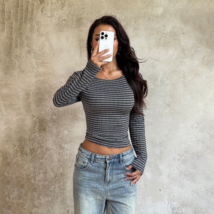 Grey Boat Neck Striped Textured Top