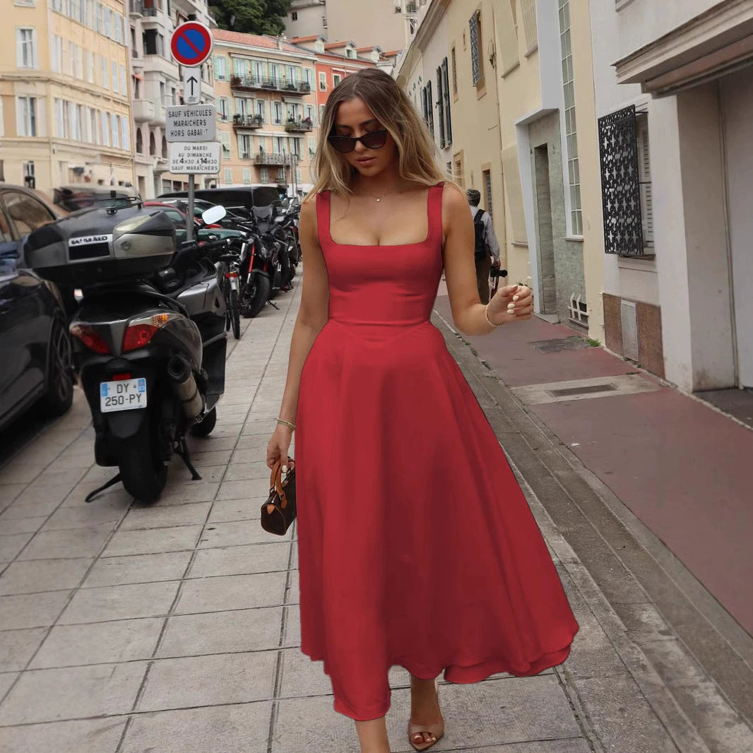 Red Square Neck Flared Dress