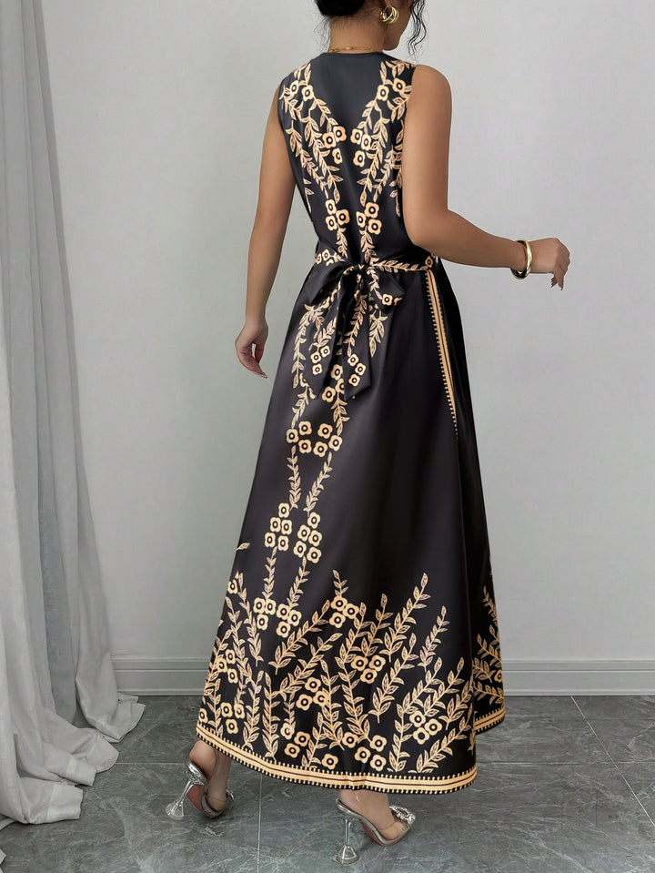 Black Printed Plunge Neck Maxi Dress