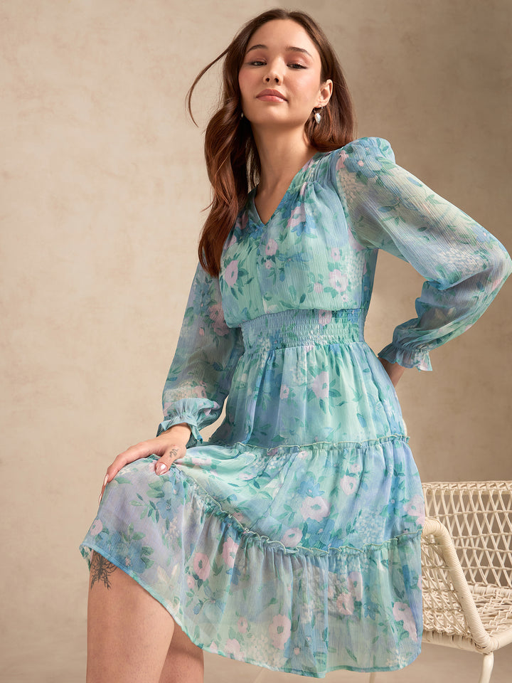 Blue Printed Full Sleeves Waist Smoked Dress