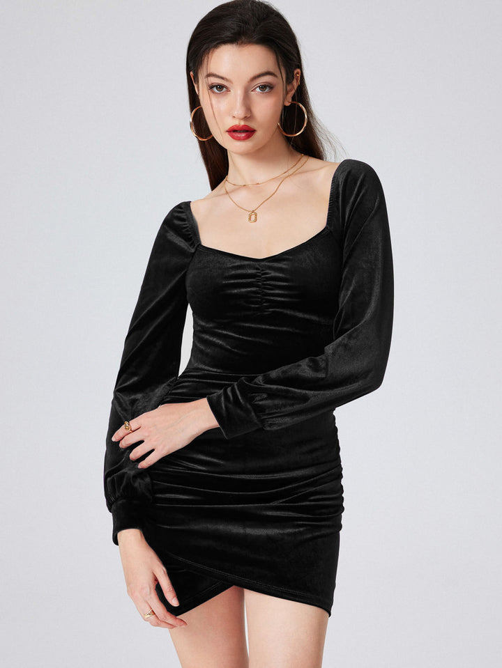 Black Sweetheart Neckline Wrap Hem Velour Dress