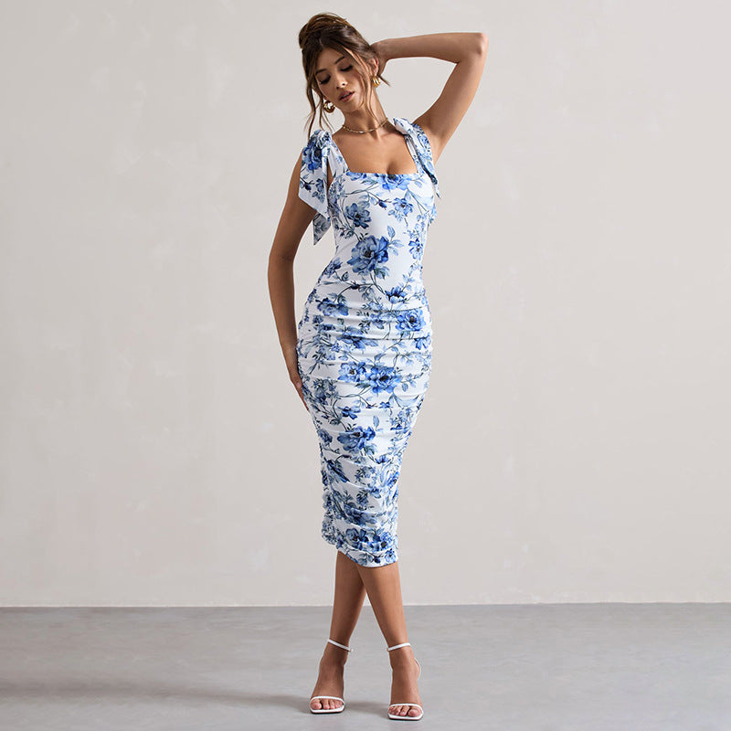 Blue Sleeveless Floral Midi Dress