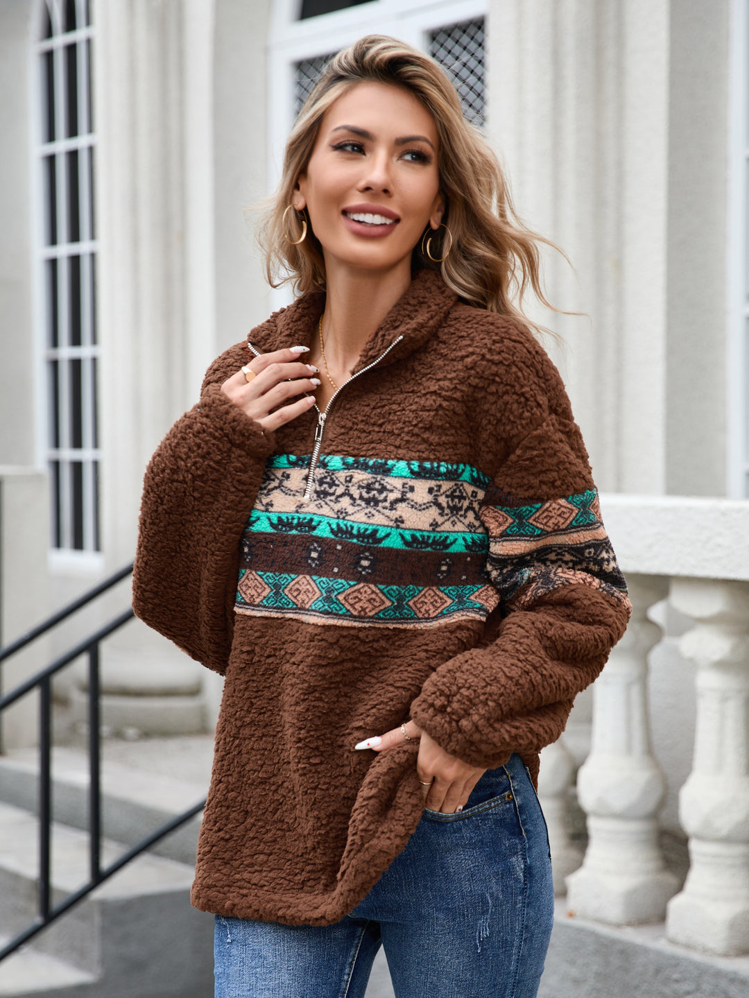 Brown Full Sleeve Half Zip Printed Sweatshirt