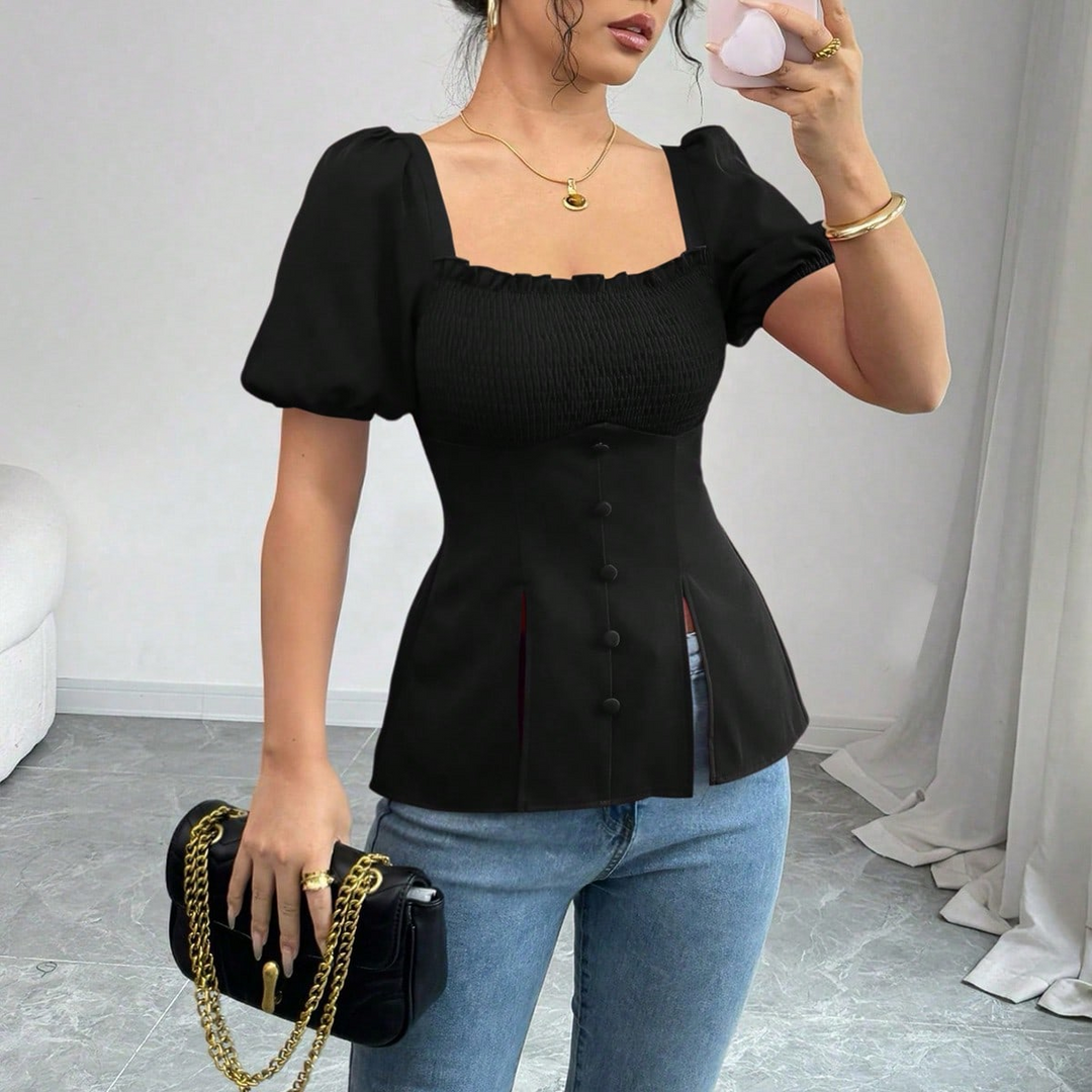 Black Puff Sleeve Square Neck Slit Top