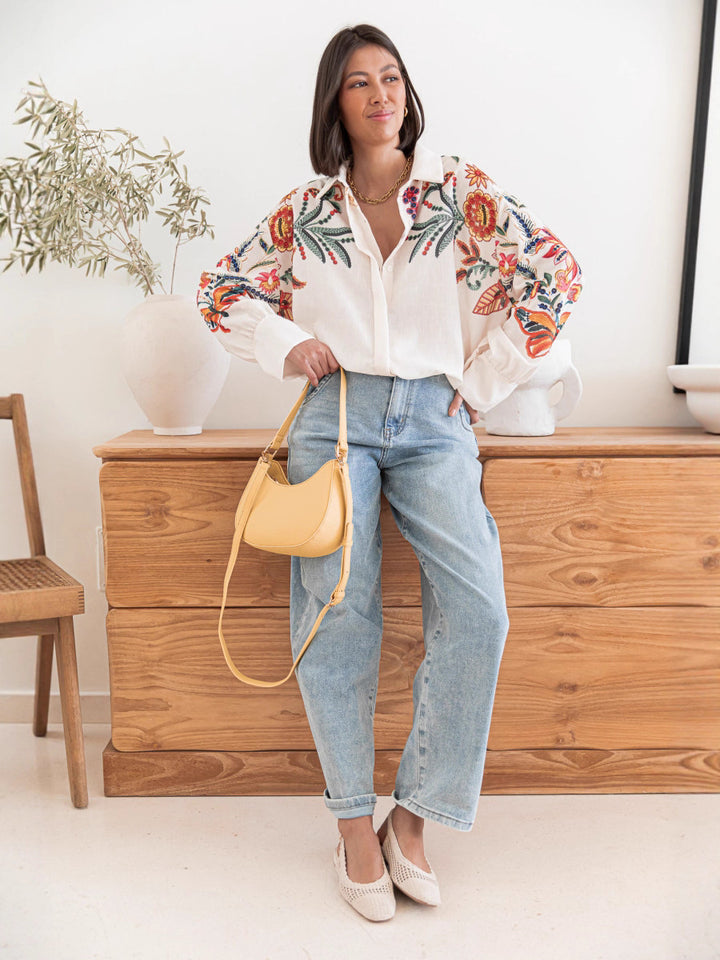 White Full Sleeve Embroidered Collared Top
